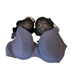 Cacique Bras 42D Set of 2 Full Coverage Underwire Black Lace Blue T-Shirt